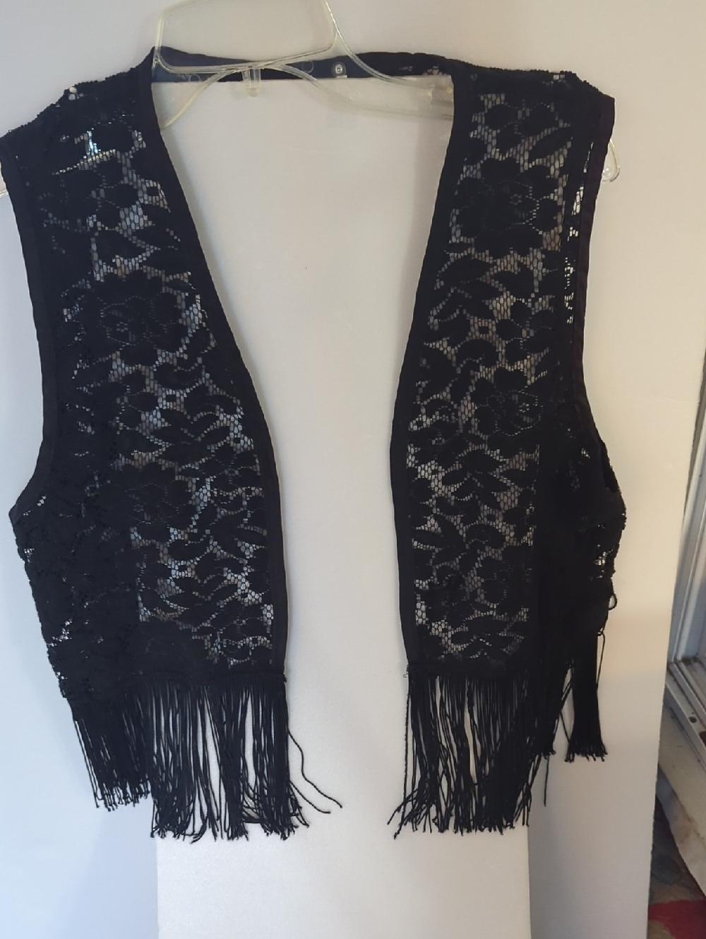 Women's Next Era Black Floral Lace Vest with Fringe Detail